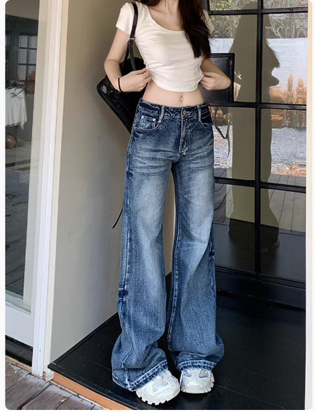 美式復古水洗闊腿微喇叭牛仔褲女春季新款低腰辣妹拖地褲子