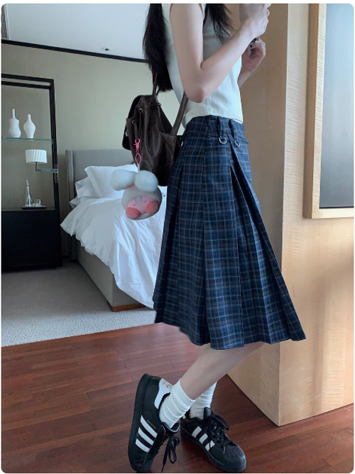 韓系學院風復古格子裙女夏季高腰中裙百褶裙A字裙藍色格紋半身裙