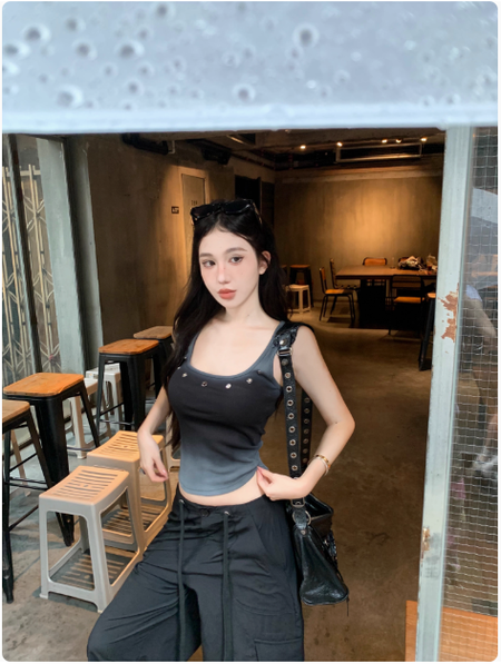 紅色漸變u領吊帶背心女夏新款美式復古性感辣妹修身短款上衣