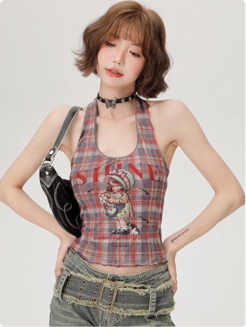 復古格子掛脖吊帶女夏季新款修身甜酷辣妹內搭上衣