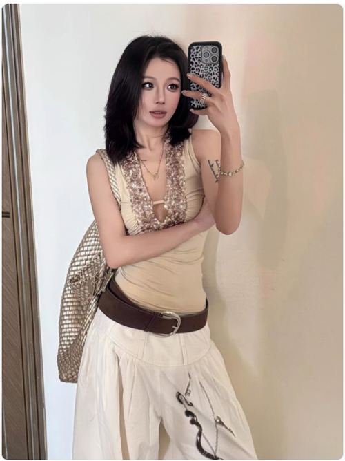 美式復古辣妹吊帶女夏季亮片拼接無袖打底背心修身顯瘦純欲上衣潮
