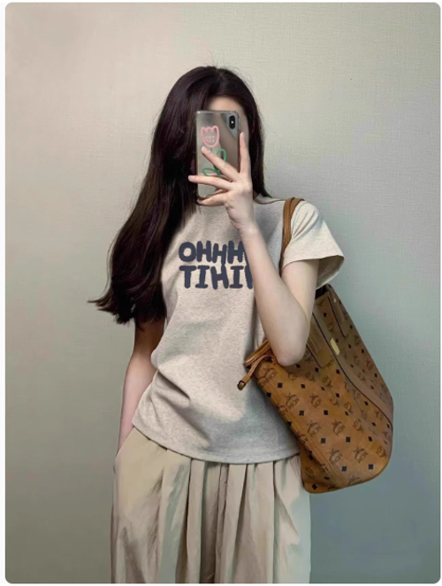 夏季ins歐貨別緻字母印花灰色正肩短袖T恤女寬鬆百搭圓領簡約上衣