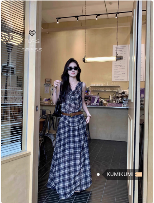 復古套裝格子蕩領吊帶背心女夏季高腰半身裙大擺裙法式氣質兩件套
