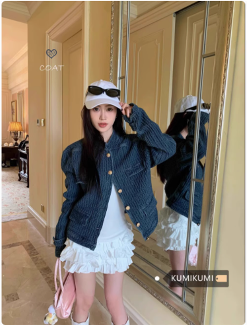 牛仔小香風外套女裝春季寬鬆小衆肌理感立領藍色夾克百搭氣質上衣
