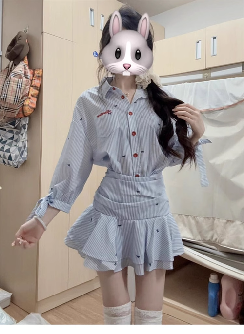 學院風miu系藍色襯衫連衣裙子女春夏季氣質收腰百褶短裙