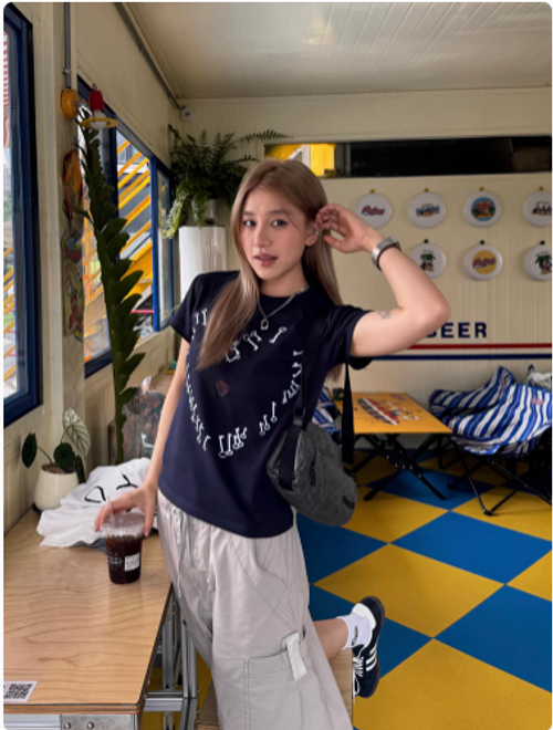 美式原創復古正肩短款不露臍短袖T恤女街頭寬鬆夏季上衣潮