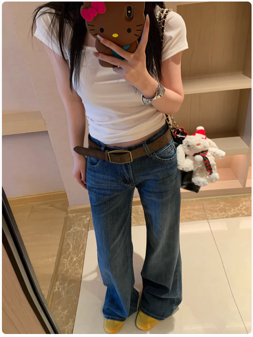 氣質百搭年春深藍色直筒牛仔褲女窄版小個子寬鬆微喇褲