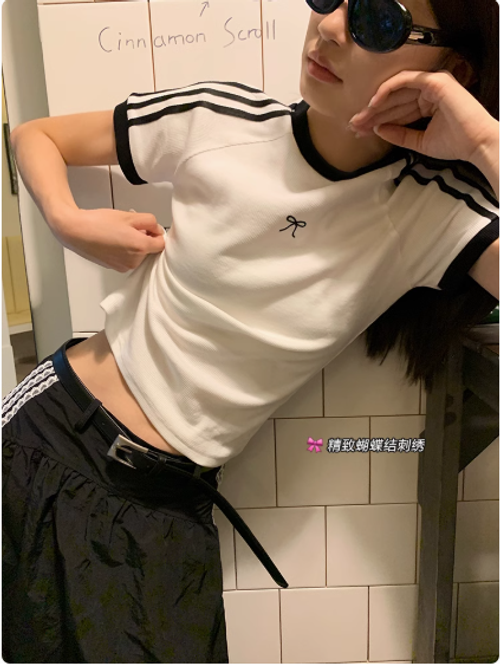 條紋正肩白色短袖t恤女夏季新款蝴蝶結修身顯瘦短款小上衣