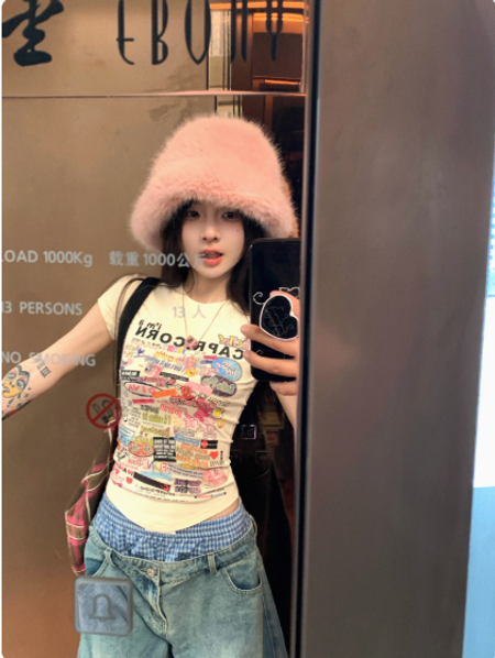 卡通印花短袖正肩T恤女夏季修身小個子收腰緊身美式辣妹短款上衣