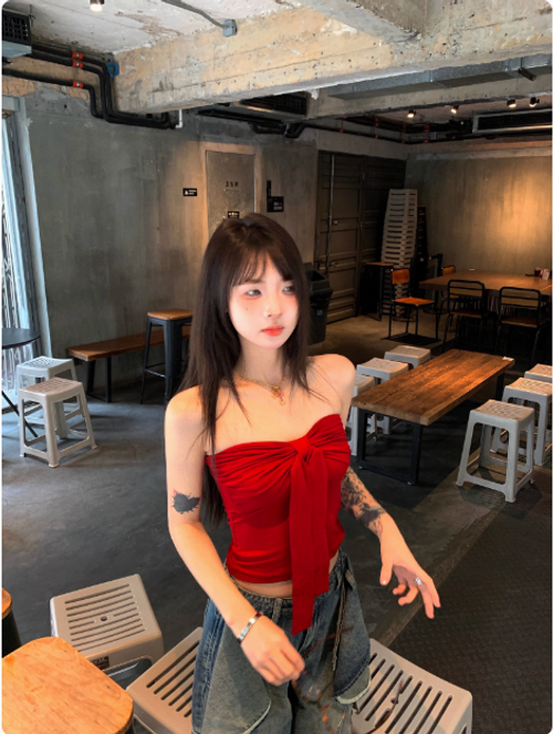 蝴蝶結繫帶抹胸背心女夏季純欲風性感裹胸內搭紅色甜辣妹上衣外穿