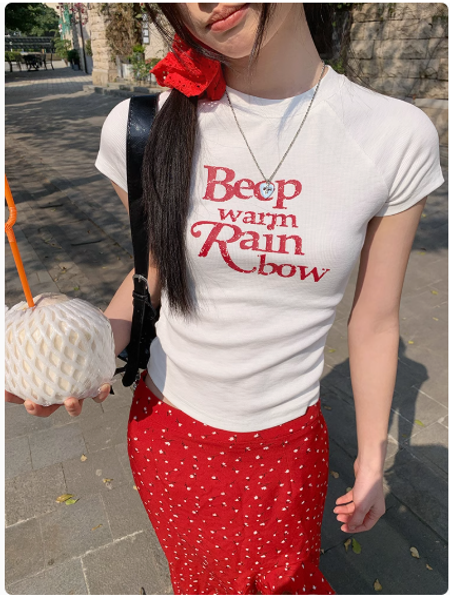 白色t恤女短袖夏季圓領正肩修身字母印花設計感短款小上衣