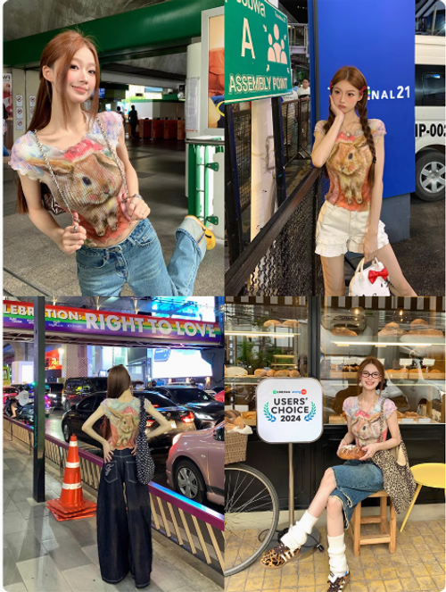 小兔塗鴉 短袖T恤女印花網紗褶皺夏日漂亮辣妹上衣修身款