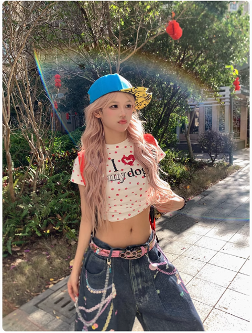 春季美式復古愛心狗爪滿印短款T恤女辣妹修身顯瘦上衣