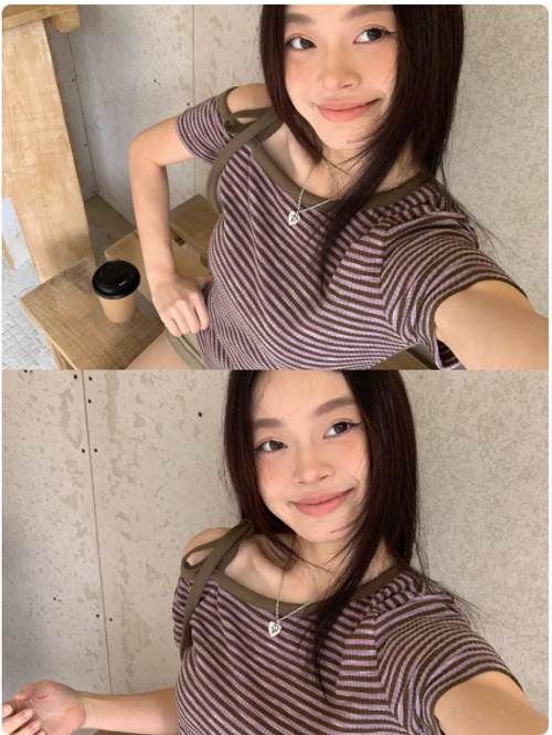 紫色條紋斜肩短袖t恤女夏季修身韓系露肩設計獨特辣妹上衣
