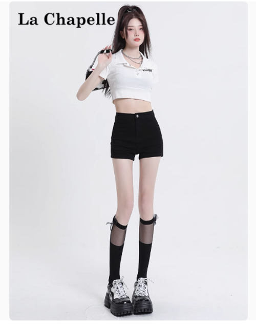拉夏貝爾黑色牛仔短褲女2025年夏季新款高腰美式辣妹緊身a字熱褲