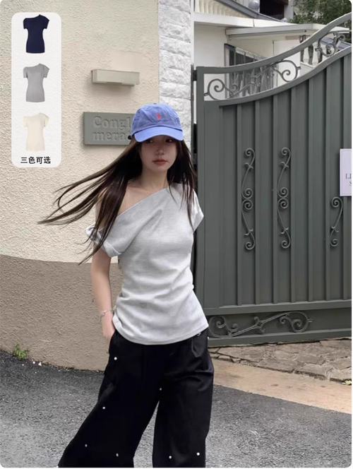 灰色斜領露肩短袖華夫格T恤女夏季鬆弛感慵懶休閒設計感寬鬆上衣