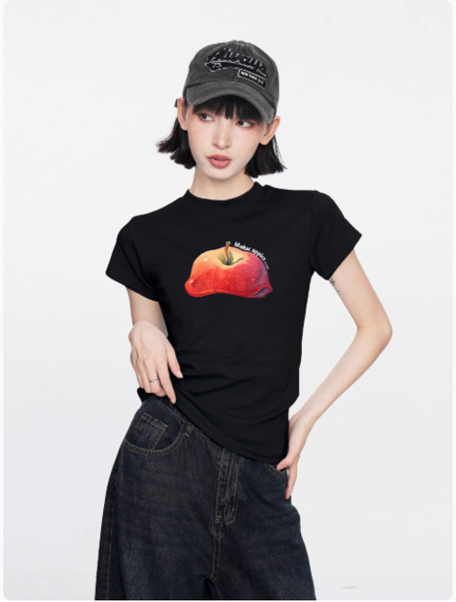 美式藍色印花正肩短袖t恤女夏夏季女款半袖緊身修身顯瘦短款上衣