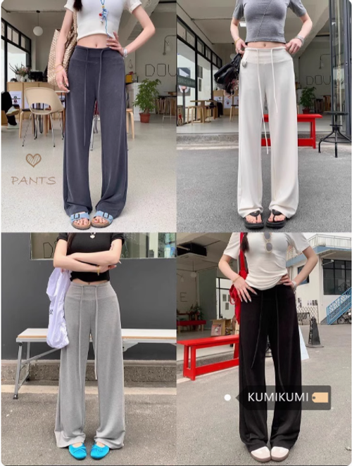 灰色褲子鬆緊腰抽繩休閒褲直筒褲女夏季寬鬆垂感拖地褲闊腿褲長褲