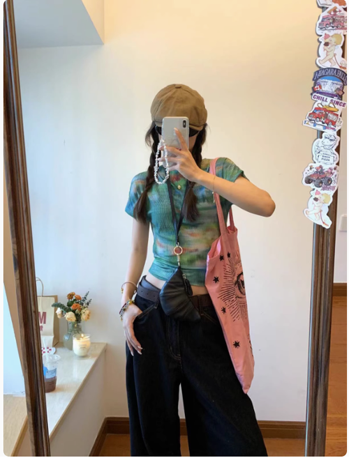 青蕪琉花 美式印花網紗短袖t恤女修身短款辣妹上衣設計感