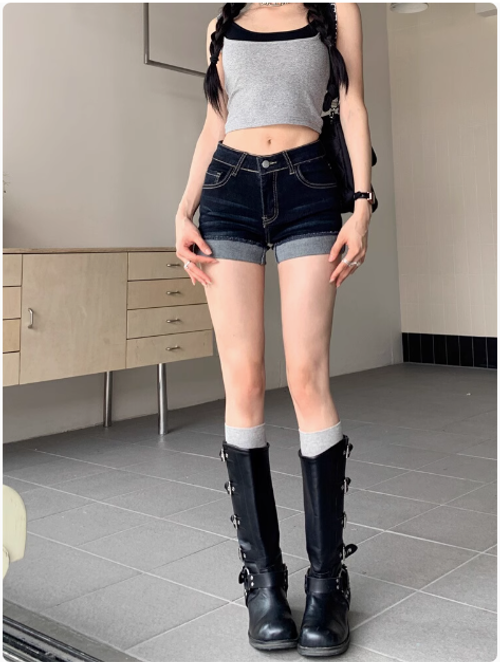 美式辣妹高腰性感超短褲熱褲牛仔褲女夏季深藍色設計感卷邊短褲子
