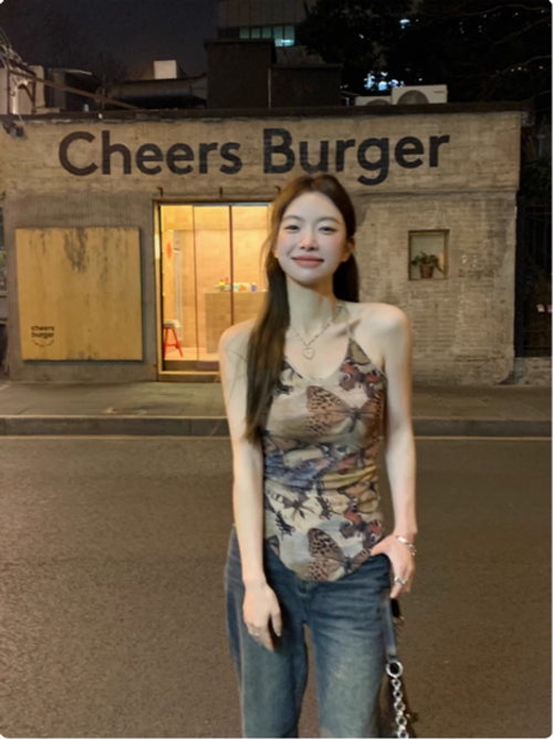 美式ins蝴蝶印花掛脖吊帶背心女夏氣質復古別緻不規則打底上衣潮