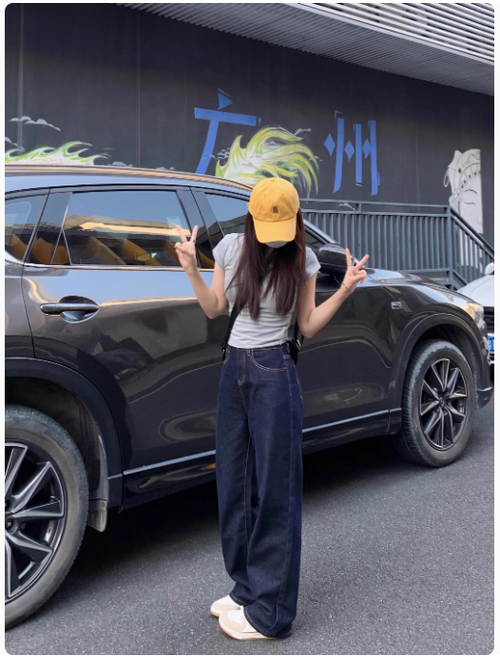 深藍色直筒牛仔褲女年春季新款高腰寬鬆顯瘦窄版闊腿褲