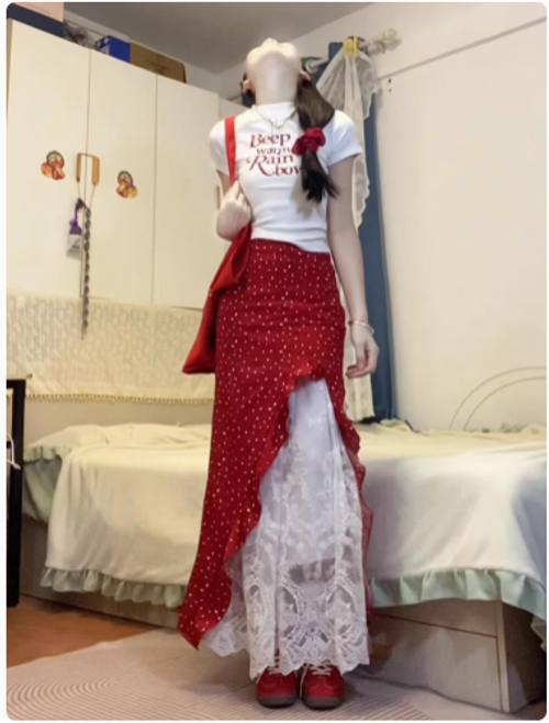 紅色碎花不規則連衣裙子女夏季新款長裙開春氣質穿搭一整套裝