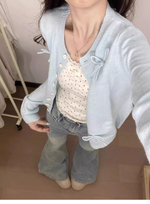 薄荷曼波芭蕾風針織開衫蝴蝶結藍色毛衣女甜妹韓系春秋季外套上衣