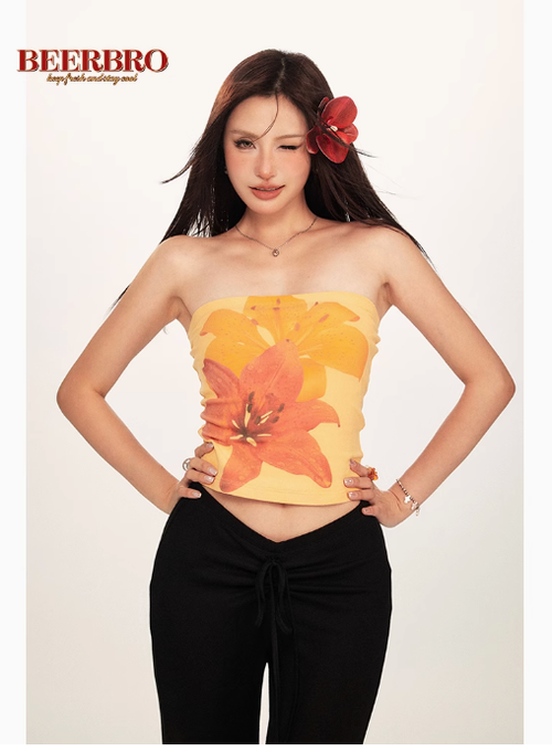 復古美式海島辣妹aloha熱帶花朵印花緊身抹胸吊帶背心女