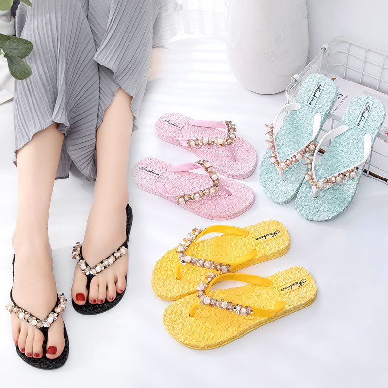 Flip flops mulheres verão novo exterior desgaste prego frisado frisado lantejoulas massagem chinelos grampo pé soft sole flat heel praia cooltops