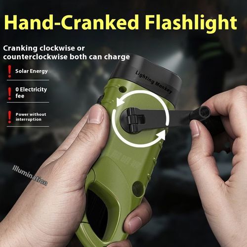 Green hand-crank multi-function flashlight - compact and portable, outdoor emergency light with solar charging, a must-have for military enthusiasts.