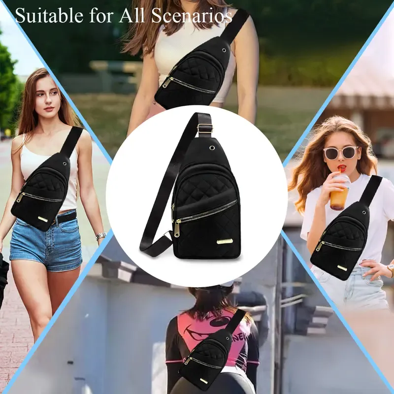 Solid Black Color Quilted Fanny Pack - Casual Zipper Chest Belt Bum Bag, Adjustable Sling Bag for Daily Use, Lightweight & Waterproof