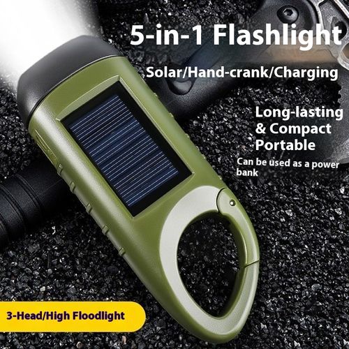 Green hand-crank multi-function flashlight - compact and portable, outdoor emergency light with solar charging, a must-have for military enthusiasts.