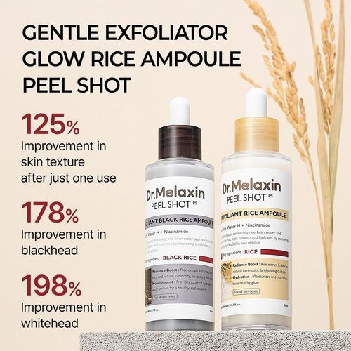 Dr.Melaxin Official Peel Shot Glow Rice Ampoule Duo - Serums for Brightening, Exfoliating, and Moisturizing - Suitable for All Skin Types