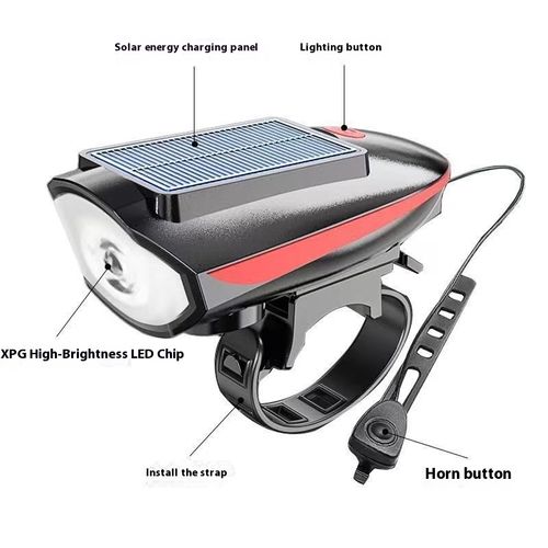 Red solar bike headlight – bright, rechargeable! ✨ Strong beam, loud horn, perfect for mountain rides & night cycling. Solar-charged, grab now! 🚴🔥