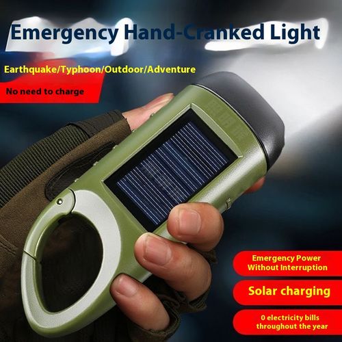 Green hand-crank multi-function flashlight - compact and portable, outdoor emergency light with solar charging, a must-have for military enthusiasts.