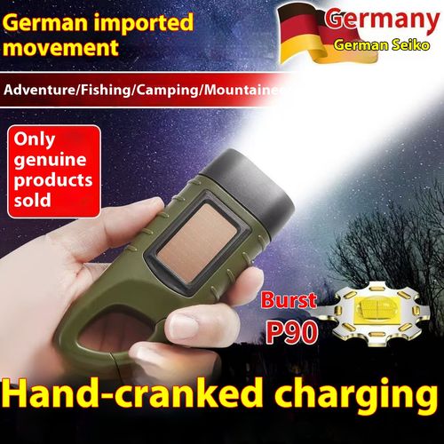 Green hand-crank multi-function flashlight - compact and portable, outdoor emergency light with solar charging, a must-have for military enthusiasts.