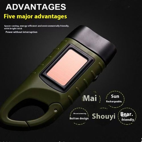 Green hand-crank multi-function flashlight - compact and portable, outdoor emergency light with solar charging, a must-have for military enthusiasts.