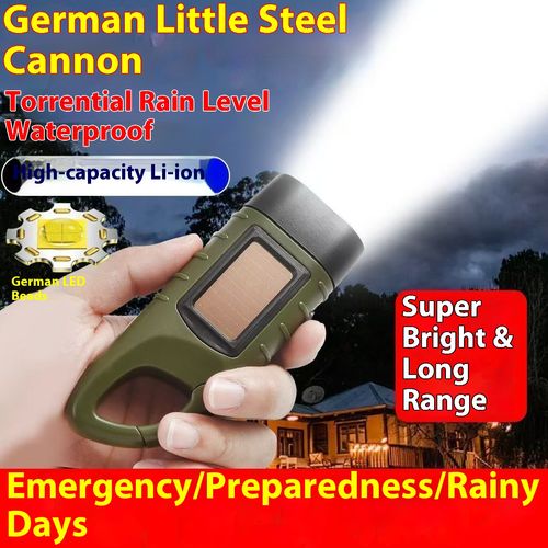 Green hand-crank multi-function flashlight - compact and portable, outdoor emergency light with solar charging, a must-have for military enthusiasts.