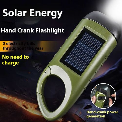Green hand-crank multi-function flashlight - compact and portable, outdoor emergency light with solar charging, a must-have for military enthusiasts.