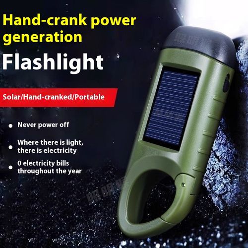 Green hand-crank multi-function flashlight - compact and portable, outdoor emergency light with solar charging, a must-have for military enthusiasts.