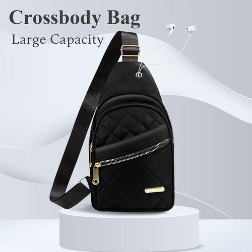 Solid Black Color Quilted Fanny Pack - Casual Zipper Chest Belt Bum Bag, Adjustable Sling Bag for Daily Use, Lightweight & Waterproof