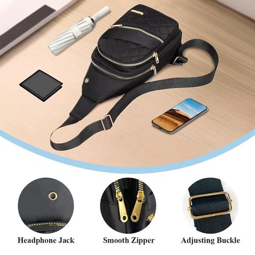 Solid Black Color Quilted Fanny Pack - Casual Zipper Chest Belt Bum Bag, Adjustable Sling Bag for Daily Use, Lightweight & Waterproof