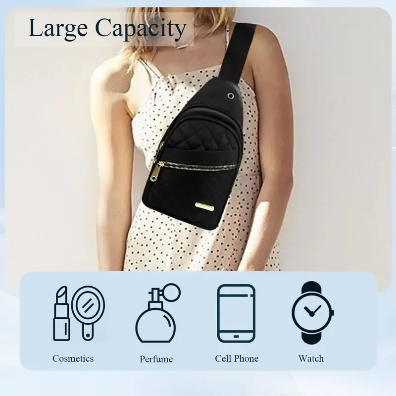 Solid Black Color Quilted Fanny Pack - Casual Zipper Chest Belt Bum Bag, Adjustable Sling Bag for Daily Use, Lightweight & Waterproof