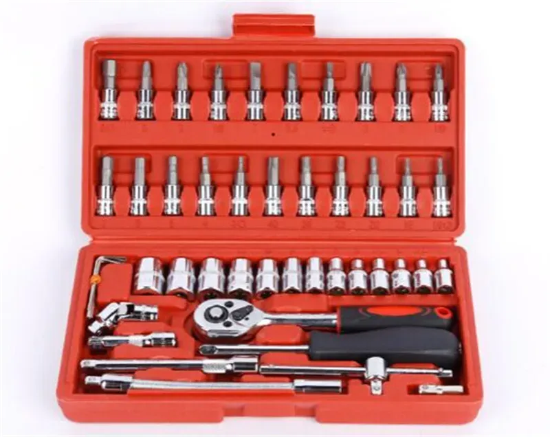 Hand Tool Set Adjustable Long Handle Ratchet Wrench 46 Pieces Auto Repair Tool Kit