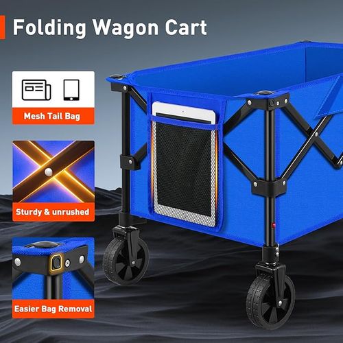 Collapsible Foldable Wagons with Wheels, Lightweight Wagon Cart with Large Capacity for Grocery,Gardening,Camping,Shopping,Blue