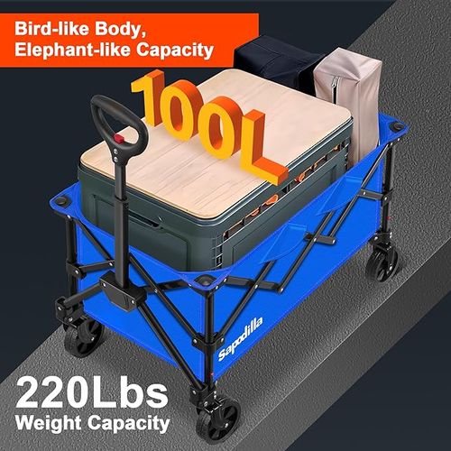 Collapsible Foldable Wagons with Wheels, Lightweight Wagon Cart with Large Capacity for Grocery,Gardening,Camping,Shopping,Blue