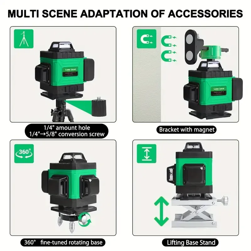 16 Lines 4D Laser Level - 360° Self-Leveling Rotary Cross Line Measure with 2 Batteries for Accurate Distance and Angle Measurements