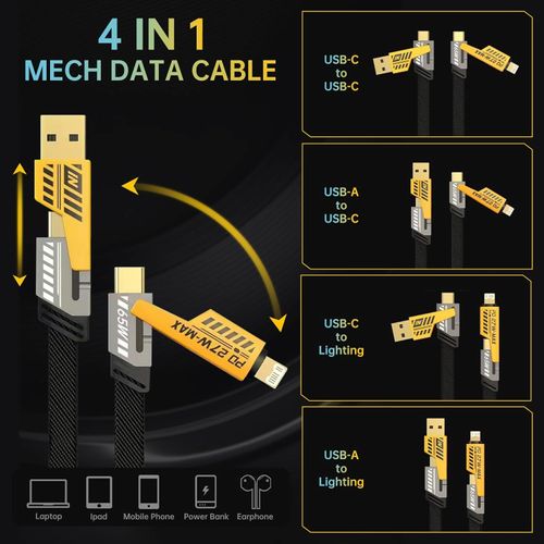 4-in-1 USB-C Cable, PD 65W Fast Charging Cable & Data Sync,Flat Braided Charger Cord with Type C  USB A