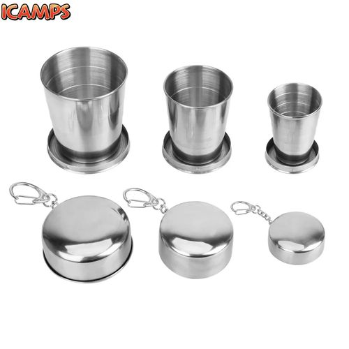 ICAMPS Stainless Steel Folding Cup Portable Water Drinking Cup Retractable Telescopic Collapsible Cups For Outdoor Travel With Keychain